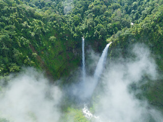 The Tad Fane waterfall, on the Bolaven Plateau in Laos, a few kilometers west of Paksong Town, in Champasak Province, within the Dong Houa Sao National Protected Area.bird eye view,aerial view