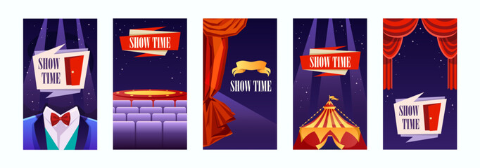Show time. Set of cartoon templates for flyers, banners, tickets, flyers, posters. Vector baby illustration. Purple background, red curtain, costume and stage. Night show.