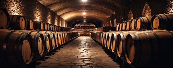 Old cellar with wine wooden barrels. copy space