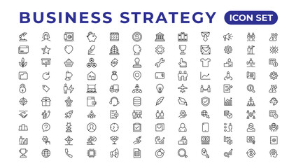 Business strategy set of web icons in line style. Business solutions icons for web and mobile app. Action List, research, solution, team, marketing, startup, advertising, business process