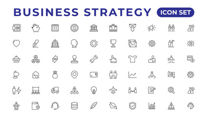 Business strategy set of web icons in line style. Business solutions icons for web and mobile app. Action List, research, solution, team, marketing, startup, advertising, business process