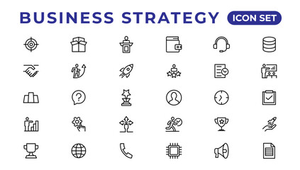 Business strategy set of web icons in line style. Business solutions icons for web and mobile app. Action List, research, solution, team, marketing, startup, advertising, business process