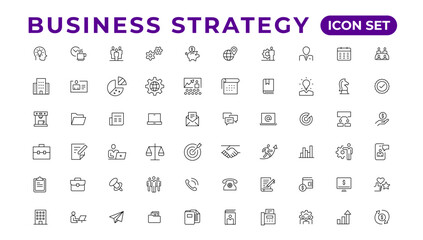 Business strategy set of web icons in line style. Business solutions icons for web and mobile app. Action List, research, solution, team, marketing, startup, advertising, business process