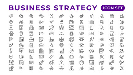 Business strategy set of web icons in line style. Business solutions icons for web and mobile app. Action List, research, solution, team, marketing, startup, advertising, business process