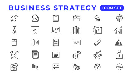 Business strategy set of web icons in line style. Business solutions icons for web and mobile app. Action List, research, solution, team, marketing, startup, advertising, business process
