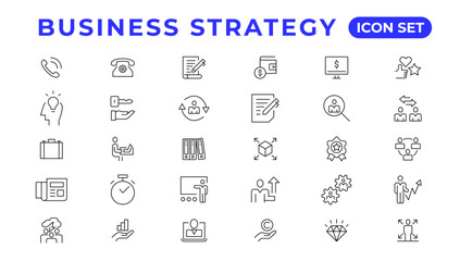 Business strategy set of web icons in line style. Business solutions icons for web and mobile app. Action List, research, solution, team, marketing, startup, advertising, business process