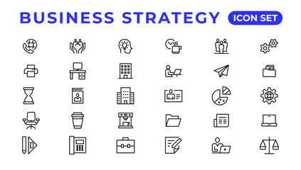Business strategy set of web icons in line style. Business solutions icons for web and mobile app. Action List, research, solution, team, marketing, startup, advertising, business process