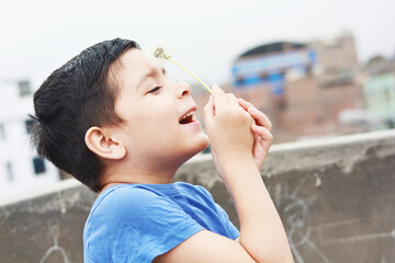 Obraz premium Little latin boy playing with a dandelion.