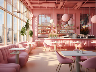 Modern retro barbiecore interior bar design with full-height windows and natural light