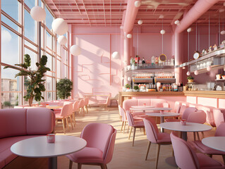 Modern retro barbiecore interior bar design with full-height windows and natural light