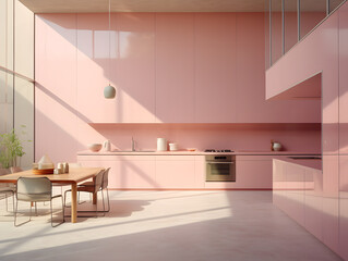 Modern and sleek kitchen interior design in pastel pink with natural light, dining table and chairs, full height windows