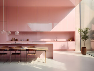 Modern and sleek kitchen interior design in pastel pink, dining table and chairs, full height windows