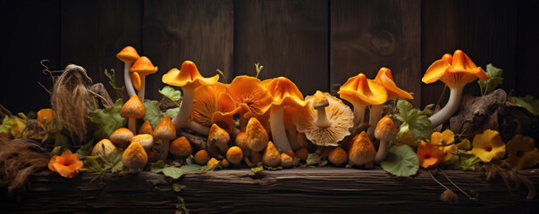 fresh chanterelles mushrooms on wooden table, Bunch of yellow mushroom