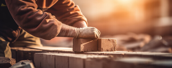 Close up hands of bricklayer, construction worker laying bricks, - obrazy, fototapety, plakaty