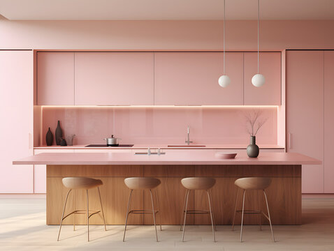 Pastel pink kitchen interior design, kitchen island and bar stools