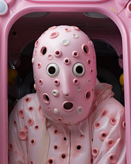 A Character with a Pink Head Appearing from a Window-Pink Surrealism