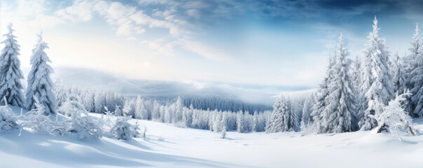 panoramic photo of the trees covered with snow in the snowland, copy space for text