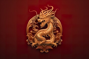 Golden dragon on red background for Chinese New Year. 3D rendering, logo for brand, brand logo, cryptocurrency logo, thin lines, red background