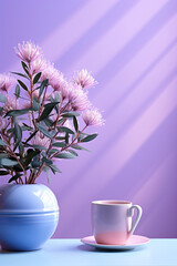 Still life in violet, lilac color. A cup of coffee and a vase of flowers on the table. Generative AI