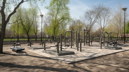 An empty outdoor fitness park with exercise machines and equipment. created with Generative AI technology