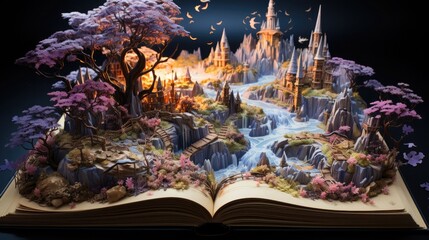 Generative AI  fantasy surrealism book, fantasy children book, book with 3d animation of fantasy fairy tales, fantasy world book , fantasy story 3d book 