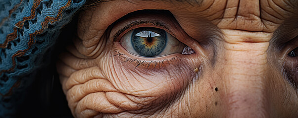 old senior woman wrinkles and eye detail. amazing close up. - obrazy, fototapety, plakaty