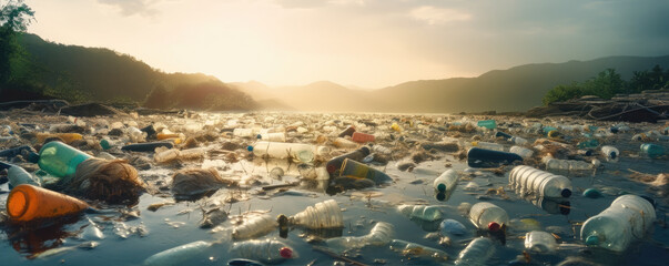 Polluted lake or river. Lot of plastic bottles or garbage in water. - obrazy, fototapety, plakaty