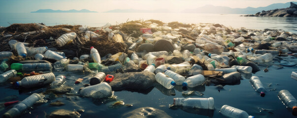 Polluted lake or river. Lot of plastic bottles or garbage in water.