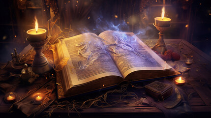 "Mysterious Book of Spells" A mystical wallpaper showcasing an ancient book of spells open to reveal its arcane secrets. The pages are adorned with mystical symbols and illuminated by candlelight