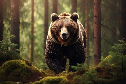 Picture of a big bear in a forest. AI generated image.