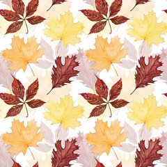 Watercolor seamless pattern with autumn leaves on a white background. Design and decoration of the autumn theme. Wallpaper, background, packaging paper, scrapbooking, textiles