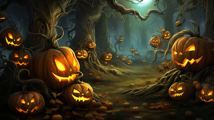 "Enchanted Pumpkin Patch" A whimsical Halloween wallpaper showcasing a magical pumpkin patch. Jack-o'-lanterns of various shapes and sizes fill the scene