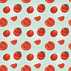White stock sliced tomato with green leaves seamless pattern on a green background