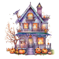 Watercolor house on the hill haunted house Halloween 