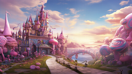 "Candyland Castle" A whimsical Halloween wallpaper depicting a candy-coated castle in a fantasy world. The castle's walls are made of sugary treats, and candy clouds float overhead, creating a dreamy 