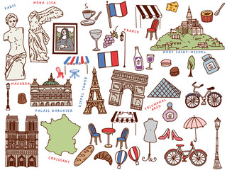 フランス、パリの線画イラスト(手描き、アート、凱旋門、エッフェル塔、ファッション、クロワッサン) A line drawing illustration of Paris, France.Hand-drawn, art, triumphal arch, Eiffel Tower, fashion and croissant.