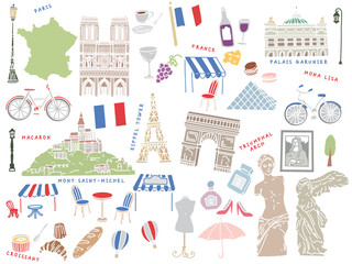 フランス、パリの手描きイラスト(アート、凱旋門、エッフェル塔、ファッション、クロワッサン) Hand-drawn illustrations from Paris, France.Art, Arc de Triomphe, Eiffel Tower, Fashion and Croissant.
