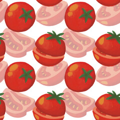 Seamless pattern with slide tomato and green leaves with white pattern. Vegetable tomato painting background.
