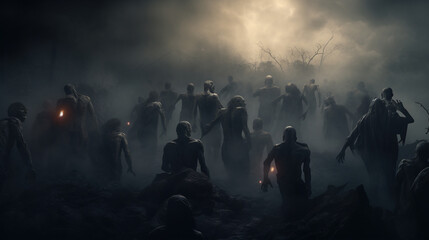 Fototapeta na wymiar Photo of A zombie horde emerges from the mist, crawling out of their graves for a night of frights, halloween