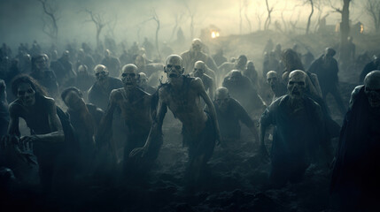 Photo of A zombie horde emerges from the mist, crawling out of their graves for a night of frights, halloween