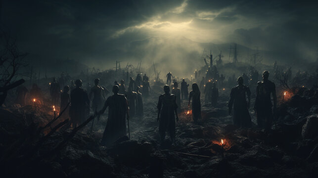 Photo of A zombie horde emerges from the mist, crawling out of their graves for a night of frights, halloween
