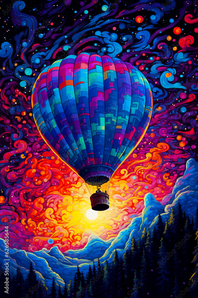 Poster image of hot air balloon flying in the sky over mountain range.