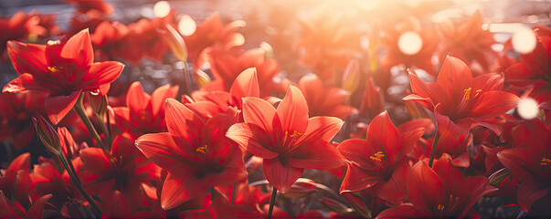 Red roses field in sunlight background. panorama photo