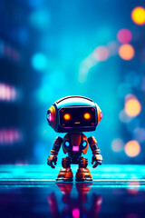 Small robot with glowing eyes standing in front of blue and purple background.
