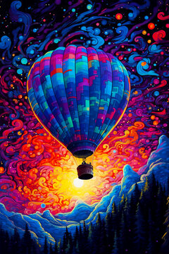 Image of hot air balloon flying in the sky over mountain range.