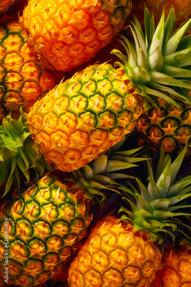 Sticker Pile of pineapples sitting next to each other on table.