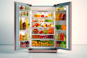 Refrigerator filled with lots of different types of fruits and veggies.