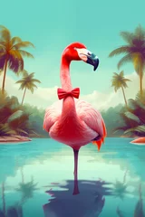 Fototapeten Pink flamingo with red bow tie standing in body of water. © valentyn640