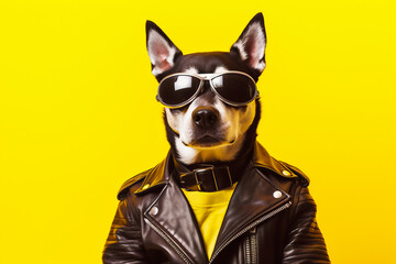 Dog in leather jacket and sunglasses on yellow background wearing leather jacket.