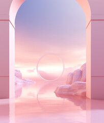 Abstract futuristic metaverse background with sky and arch in pink tones.